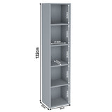 Dimensions of grey 5 Tier Bookcase Cube Storage Unit, 132cm height and 30cm width, perfect for narrow spaces.