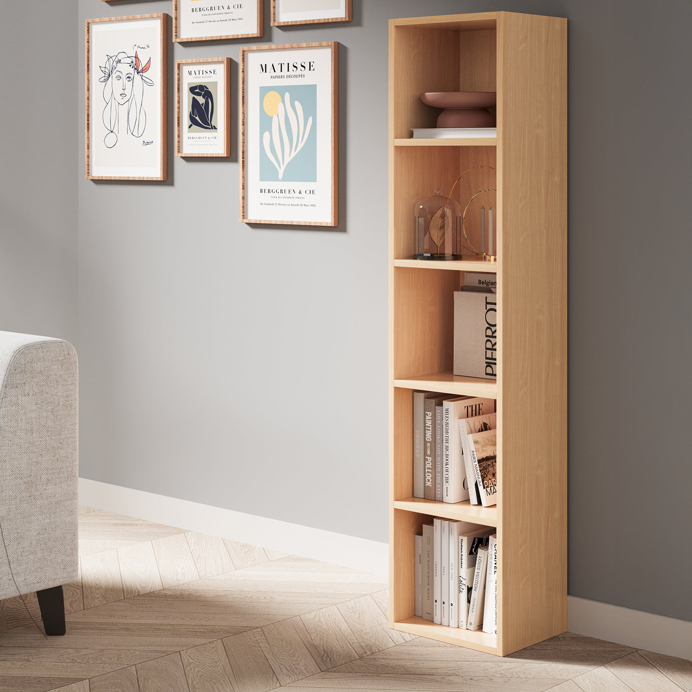 Slim oak 5 tier bookcase styled with books and accessories, ideal for compact and stylish storage.