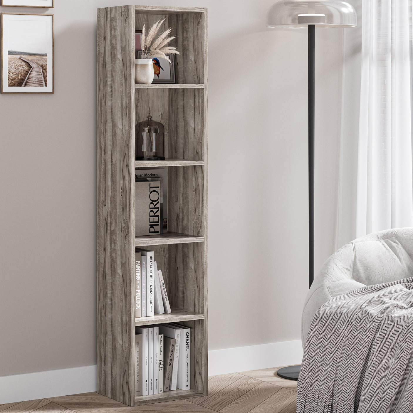 Rustic wood-effect 5 Tier Bookcase Cube Storage Unit in a cozy room, ideal for farmhouse or natural decor themes.