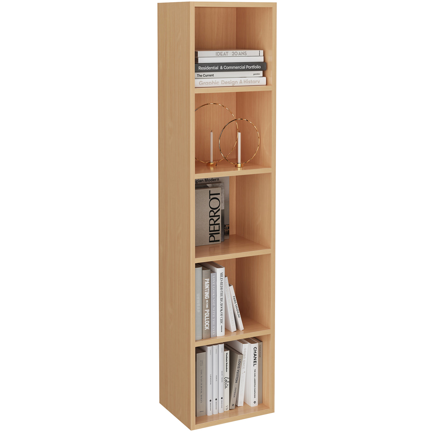 Oak wood tall bookcase with 5 cube shelves, offering a light and natural look for home organization.