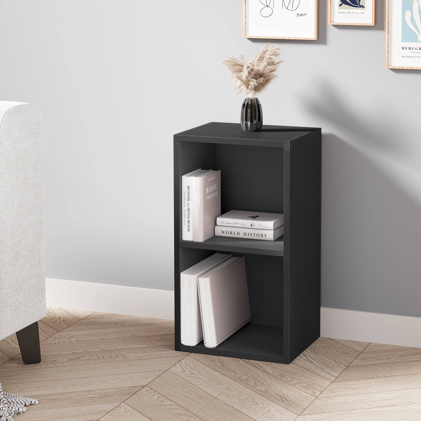 Compact black Blisswood bookcase with 2 shelves, ideal for small living spaces or study rooms.