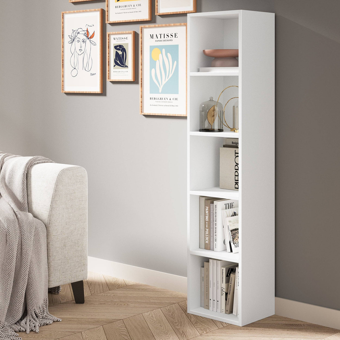 Slim white 5 tier bookcase styled with books and decor, perfect for compact corners in contemporary interiors.