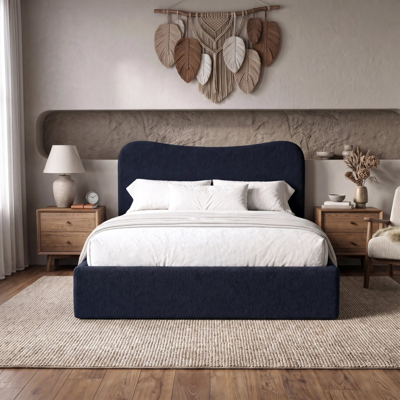 [Double | Blue] Front view of blue boucle double ottoman bed with curved headboard from front in natural day light.