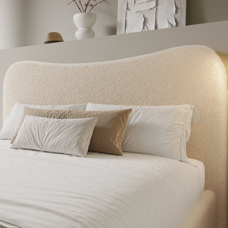 [Double | Beige] Headboard fabric detail showing textured boucle weave with gentle organic curved top edge
