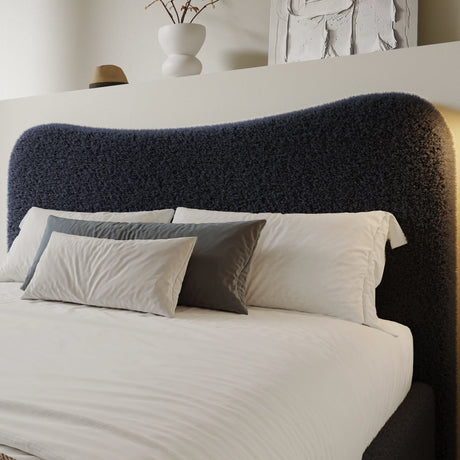 [Double | Blue] Close-up of organic wave-shaped headboard showing boucle fabric texture with looped yarn detail