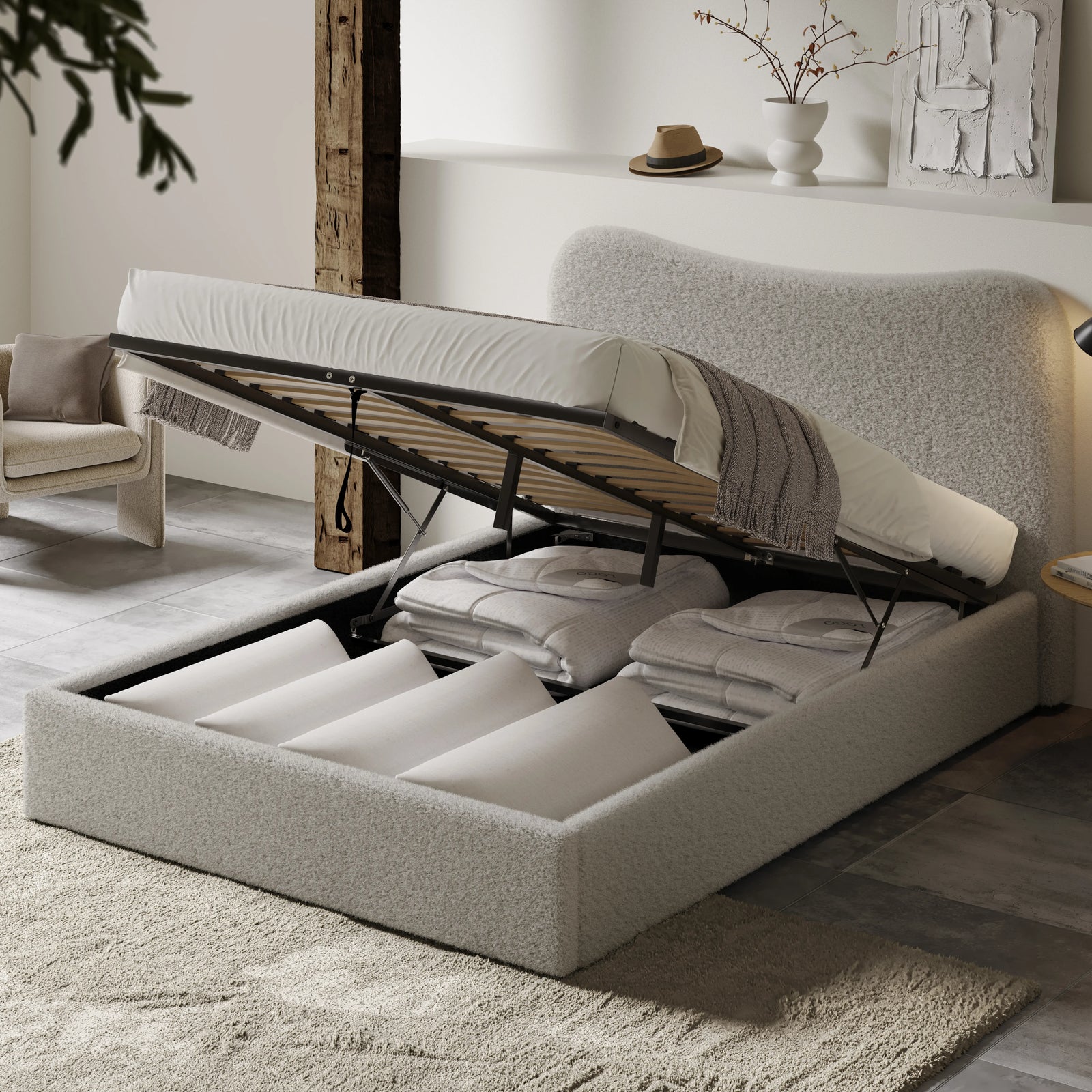 [Double | Grey] Gas-strut mechanism lifting mattress platform to reveal sectioned under-bed storage in boucle frame