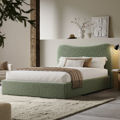 [Double | Light Green] Wide angle of boucle ottoman bed in loft room with reclaimed timber beam and floating shelf with art