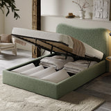 [Double | Sage Green] Gas-strut mechanism lifting mattress platform to reveal sectioned under-bed storage in boucle frame