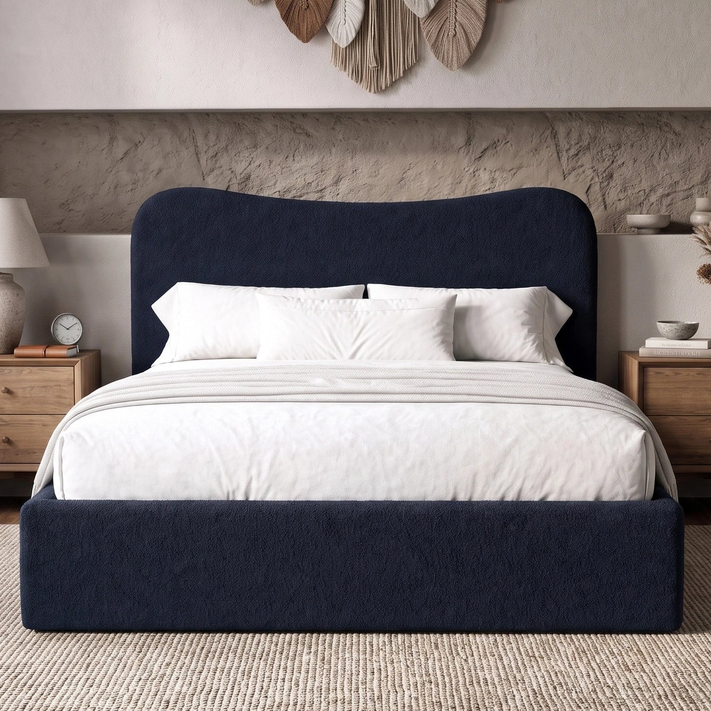 [King | Blue] Front view of boucle ottoman bed with curved headboard in bright day light