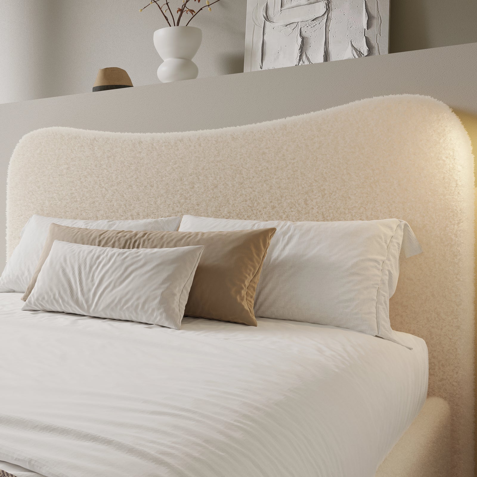 [King | Beige] Close-up of organic wave-shaped headboard showing boucle fabric texture with looped yarn detail
