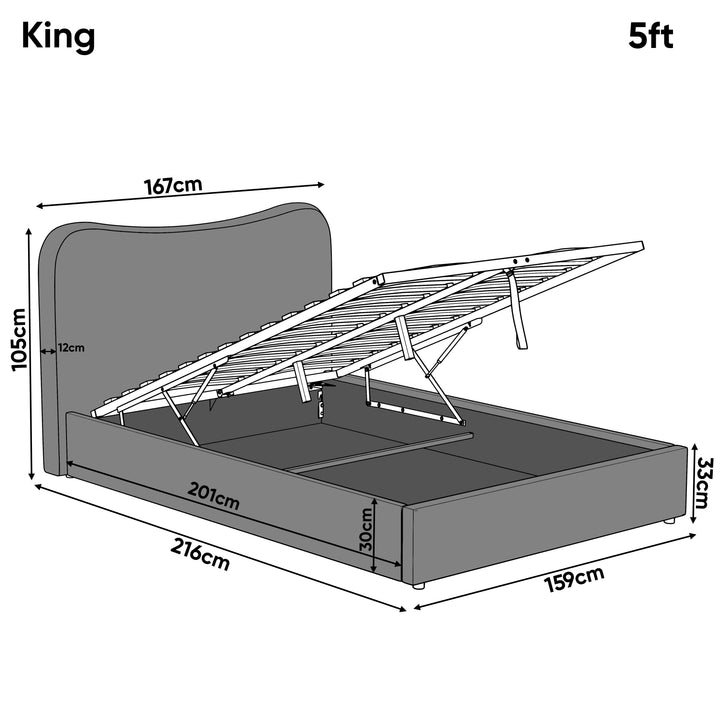 [King | Blue] Dimensions diagram showing 167cm headboard width and 216cm overall length with 105cm headboard height