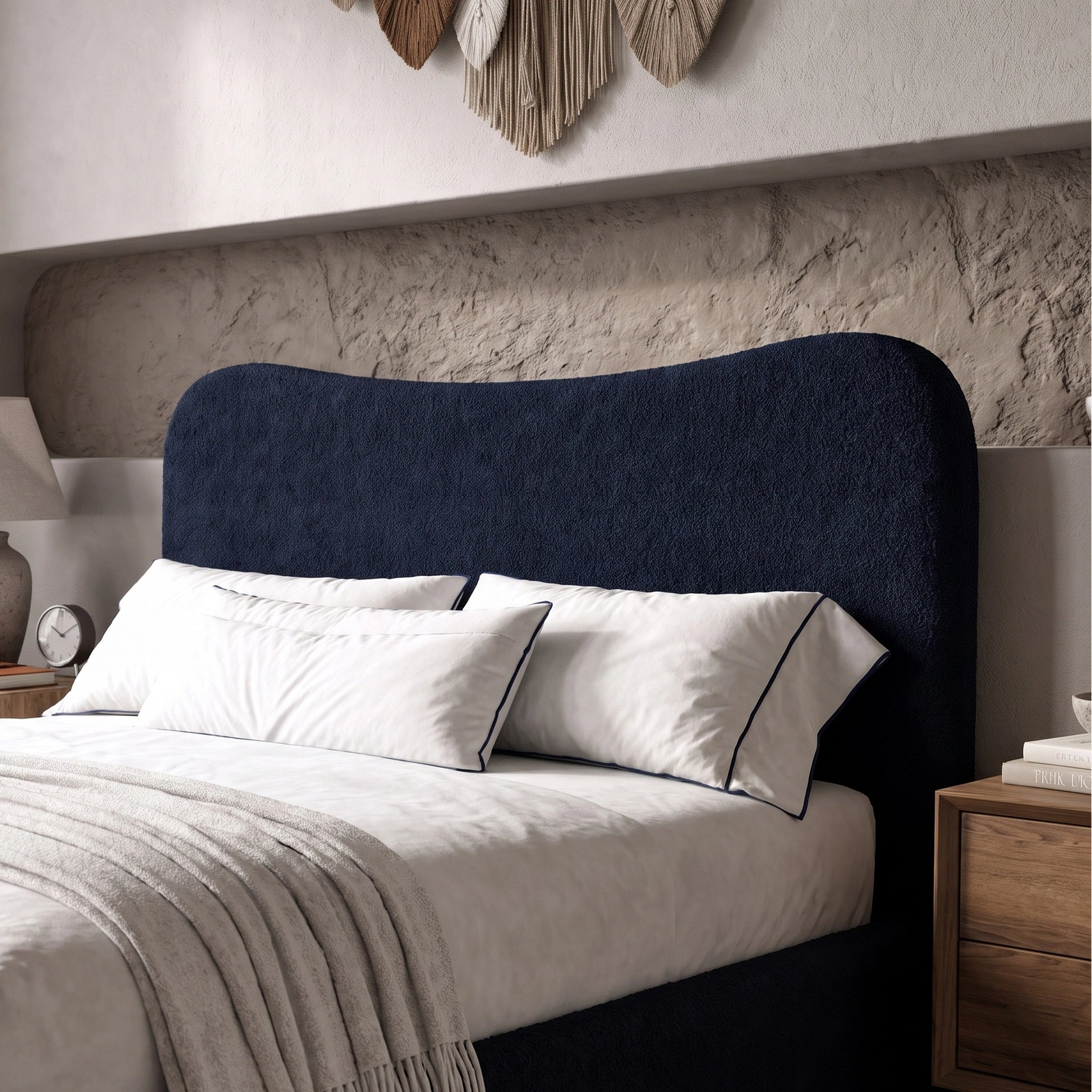 [King | Blue] Close-up of organic wave-shaped headboard showing boucle fabric texture with looped yarn detail