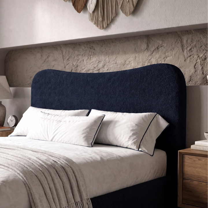 [King | Blue] Close-up of organic wave-shaped headboard showing boucle fabric texture with looped yarn detail