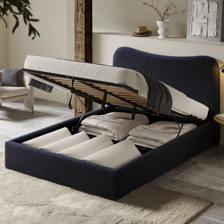 [King | Blue] Gas-strut mechanism lifting mattress platform to reveal sectioned under-bed storage in boucle frame