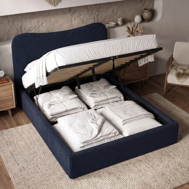 [King | Blue] Gas-strut mechanism lifting mattress platform to reveal sectioned under-bed storage in boucle frame