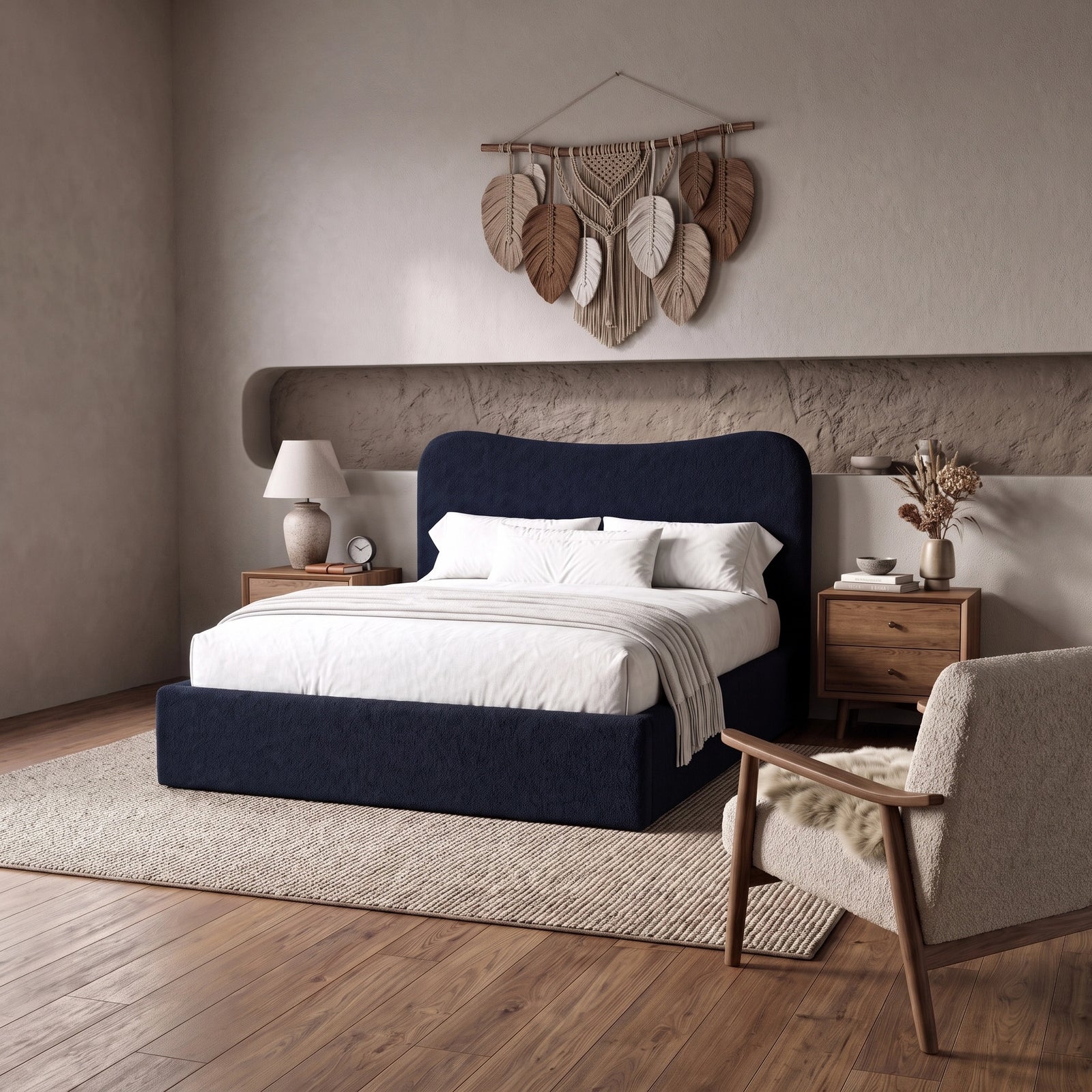[King | Blue] Wide angle of dark blue boucle ottoman bed in loft room with reclaimed timber beam and floating shelf