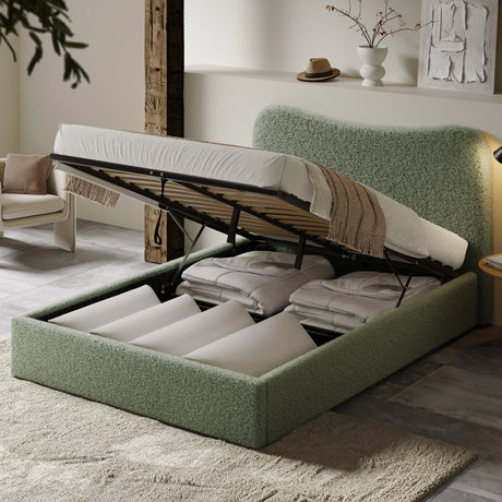 [King | Light Green] Boucle bed storage compartment exposed with duvets and pillows neatly arranged between divider slats
