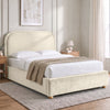 [Beige | Double] Curved headboard ottoman bed closed in bedroom, with plush beige upholstery and soft rounded edges