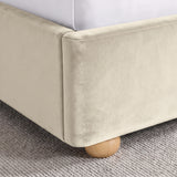 [Beige | Double] Close-up of plush upholstered base corner with rounded solid wood foot and soft curved edge