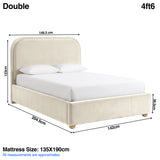[Beige | Double] Dimensions graphic: curved ottoman bed 148.5W x 204.5L x 123H cm; mattress 135 x 190 cm