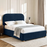[Blue | Double] Curved headboard ottoman bed closed in bedroom, with plush blue upholstery and soft rounded edges