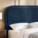 [Blue | Double] Close-up of plush padded curved headboard with raised border piping that keeps its shape