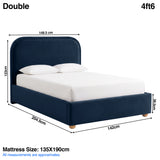 [Blue | Double] Dimensions graphic: curved ottoman bed 148.5W x 204.5L x 123H cm; mattress 135 x 190 cm