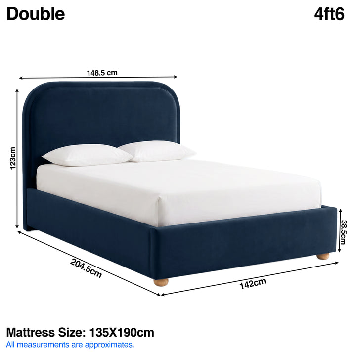 [Blue | Double] Dimensions graphic: curved ottoman bed 148.5W x 204.5L x 123H cm; mattress 135 x 190 cm