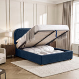 [Blue | Double] Wide shot of open-storage view of curved ottoman bed with raised base and under-bed storage