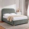 [Grey | Double] Curved headboard ottoman bed closed in bedroom, with plush grey upholstery and soft rounded edges