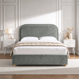 [Grey | Double] Curved headboard ottoman bed in grey plush velvet, front bedroom view with rounded wooden feet