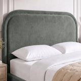 [Grey | Double] Close-up of plush padded curved headboard with raised border piping that keeps its shape