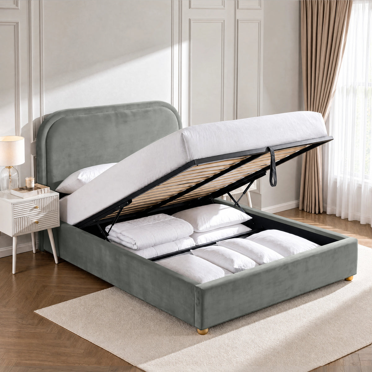 [Grey | Double] Ottoman storage bed open with gas-lift base, pull strap, slats and bedding stored underneath