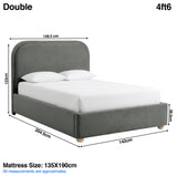 [Grey | Double] Dimensions graphic: curved ottoman bed 148.5W x 204.5L x 123H cm; mattress 135 x 190 cm