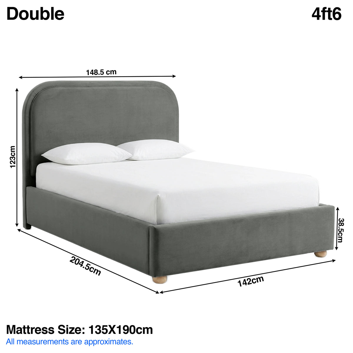 [Grey | Double] Dimensions graphic: curved ottoman bed 148.5W x 204.5L x 123H cm; mattress 135 x 190 cm