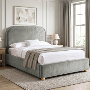 [Light Grey | Double] Curved headboard ottoman bed closed in bedroom, with plush light grey upholstery and soft rounded edges