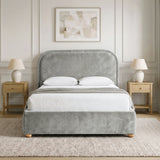 [Light Grey | Double] Curved headboard ottoman bed in light grey plush velvet, front bedroom view with rounded wooden feet