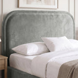 [Light Grey | Double] Close-up of plush padded curved headboard with raised border piping that keeps its shape