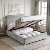 [Light Grey | Double] Ottoman storage bed open with gas-lift base, pull strap, slats and bedding stored underneath