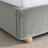 [Light Grey | Double] Close-up of plush upholstered base corner with rounded solid wood foot and soft curved edge