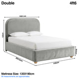 [Light Grey | Double] Dimensions graphic: curved ottoman bed 148.5W x 204.5L x 123H cm; mattress 135 x 190 cm