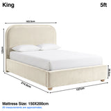 [Beige | King] Dimensions graphic: curved ottoman bed 163.5W x 214.5L x 123H cm; mattress 150 x 200 cm