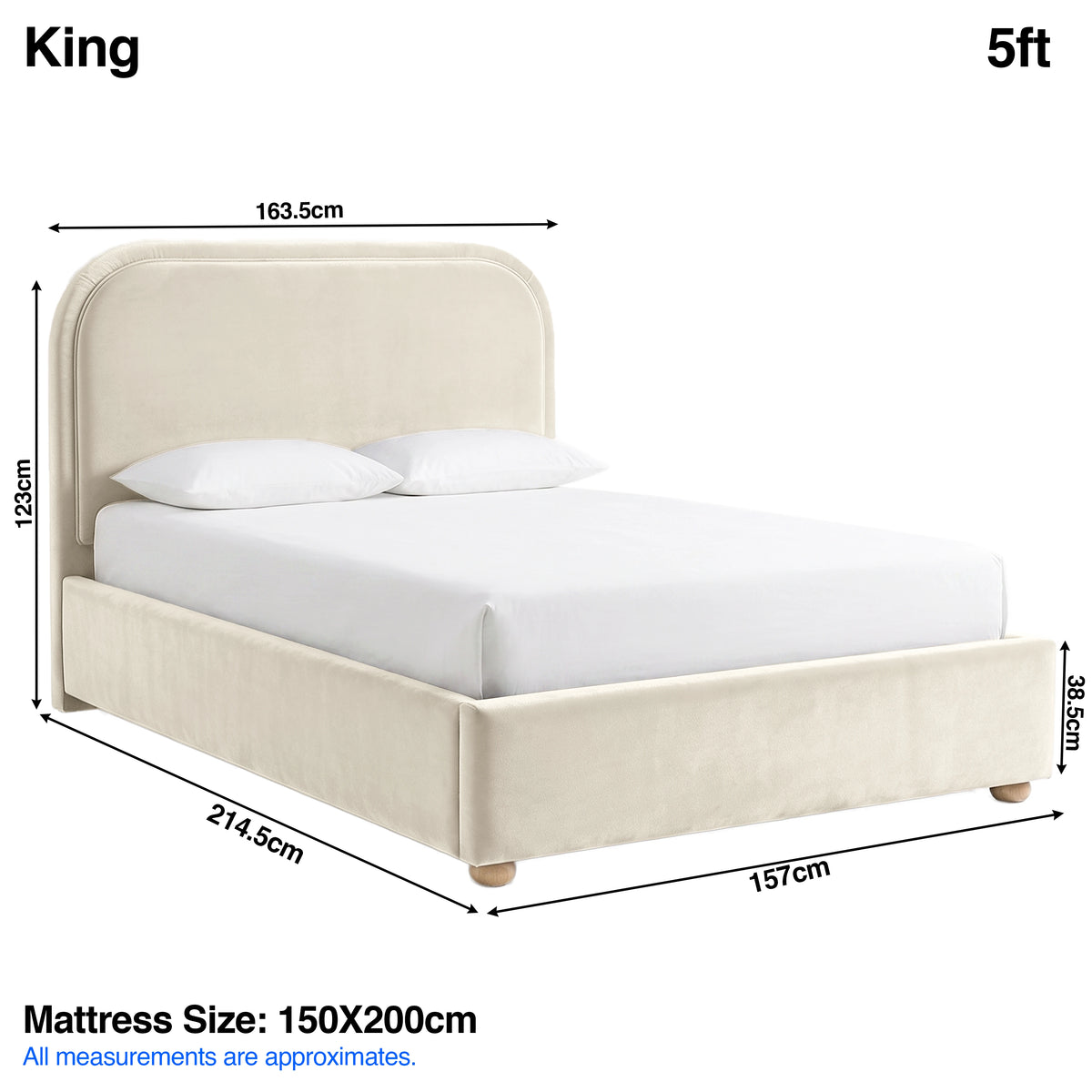 [Beige | King] Dimensions graphic: curved ottoman bed 163.5W x 214.5L x 123H cm; mattress 150 x 200 cm