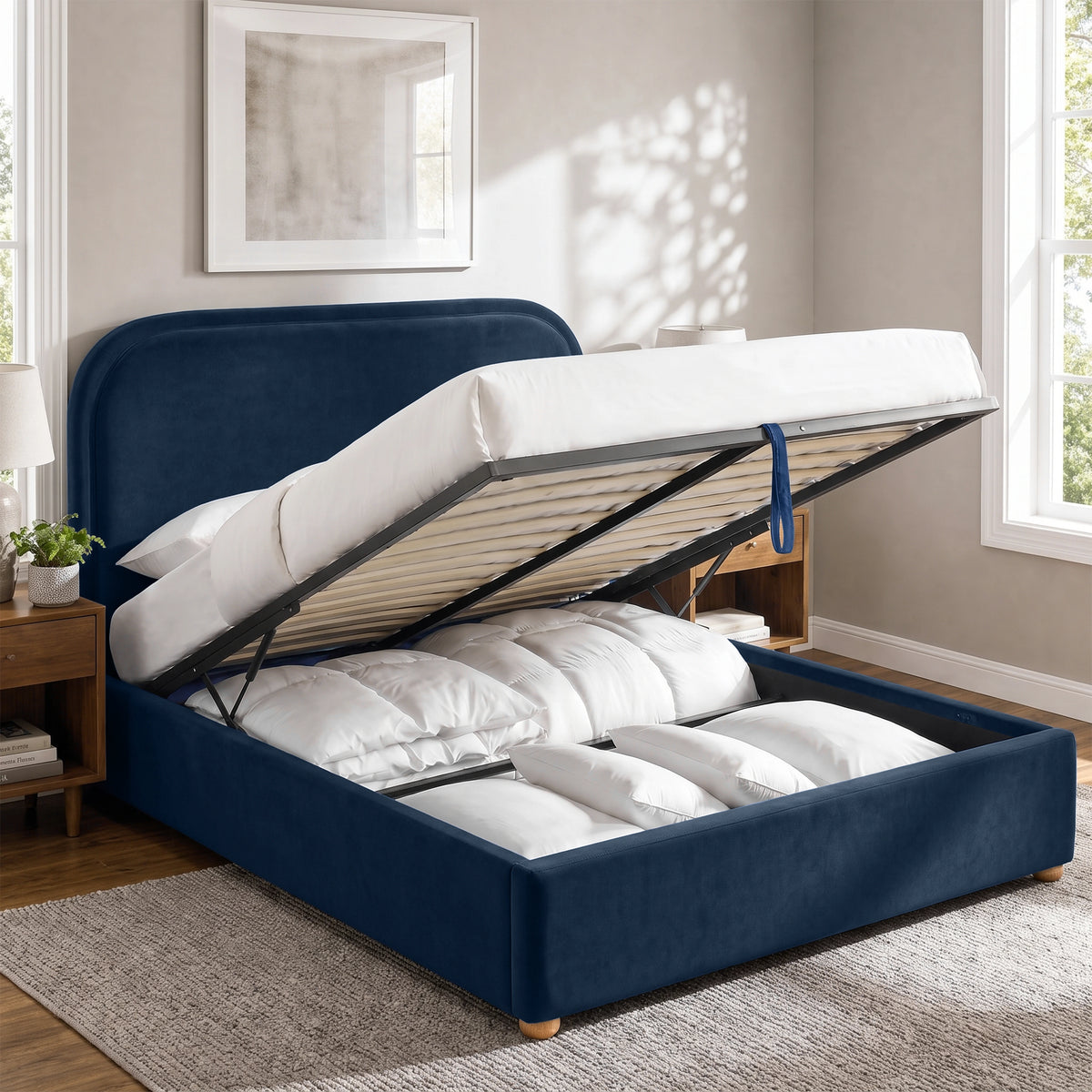 [Blue | King] Ottoman storage bed open with gas-lift base, pull strap, slats and bedding stored underneath