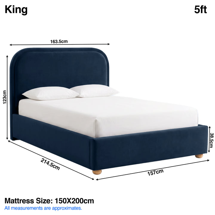 [Blue | King] Dimensions graphic: curved ottoman bed 163.5W x 214.5L x 123H cm; mattress 150 x 200 cm