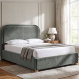 [Grey | King] Curved headboard ottoman bed closed in bedroom, with plush grey upholstery and soft rounded edges