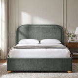 [Grey | King] Curved headboard ottoman bed in grey plush velvet, front bedroom view with rounded wooden feet