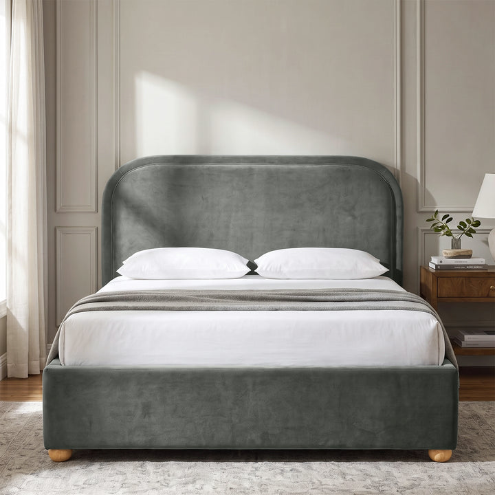 [Grey | King] Curved headboard ottoman bed in grey plush velvet, front bedroom view with rounded wooden feet