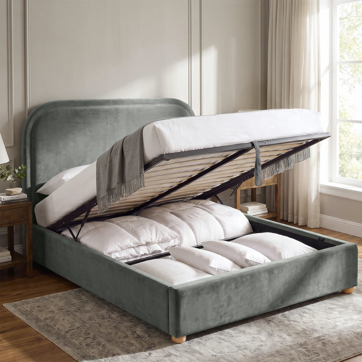 [Grey | King] Ottoman storage bed open with gas-lift base, pull strap, slats and bedding stored underneath