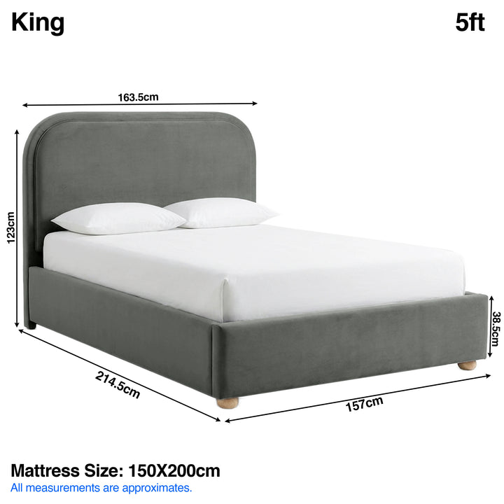 [Grey | King] Dimensions graphic: curved ottoman bed 163.5W x 214.5L x 123H cm; mattress 150 x 200 cm